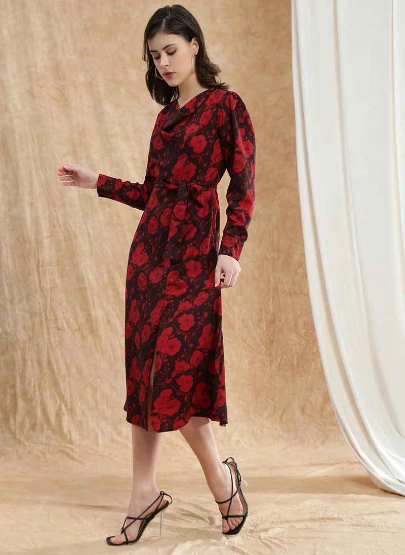 globus Globus Women Red Cowl Neck Cuffed Sleeves Floral Print Front Slit Midi A-Line Dress With Belt